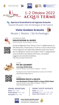 Acqui Terme (AL), Acqui Wine Days 2022 - Civico Museo Archeologico,  Depositi Museali, aree archeologiche di Via Cassino e Piscina romana. Ingresso gratuito, aperture straordinarie, visite guidate, degustazioni